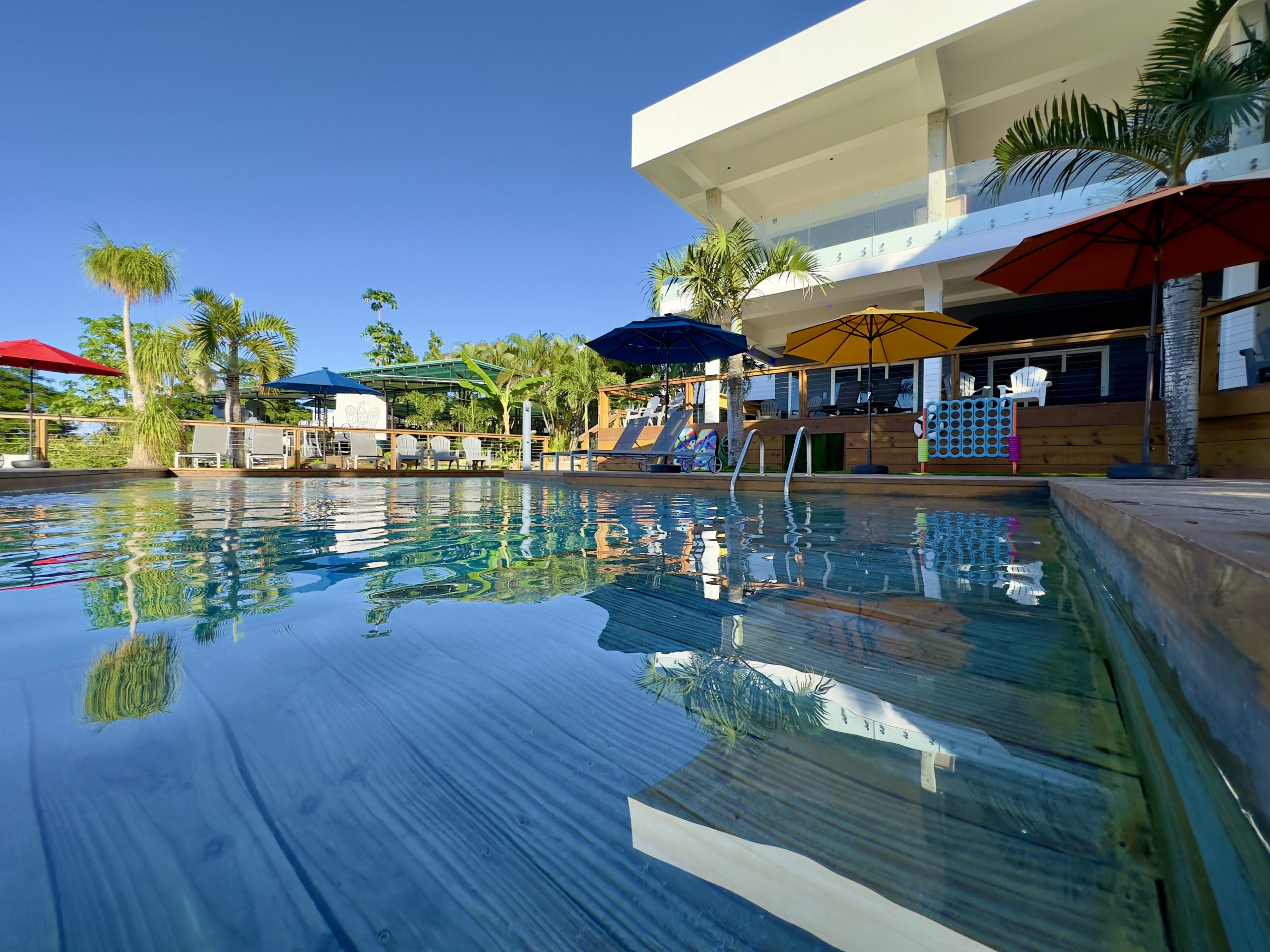 The infinity pool at Old Crow Hotel in Vieques at twilight — the perfect place to wind down after a bio bay kayak tour
