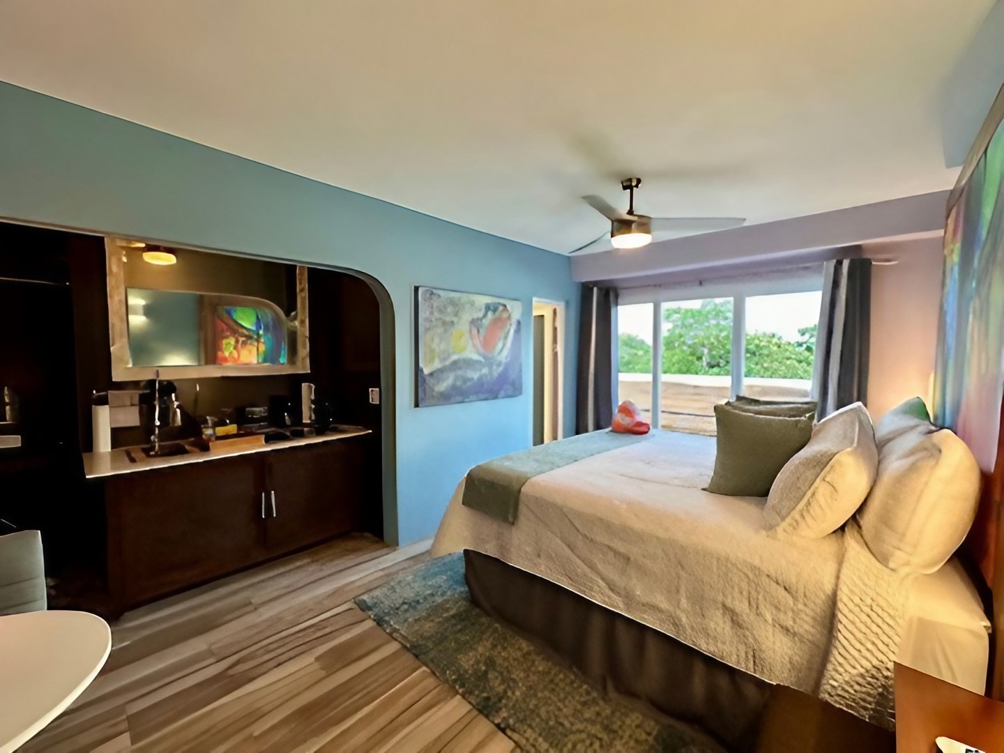 Ocean view couples suite at Old Crow Hotel and Suites in Vieques, Puerto Rico, featuring full kitchen